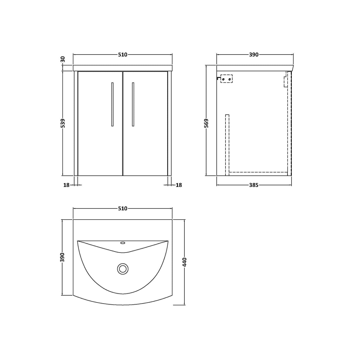 [BFPF2921G] Winshill Contemporary 2 Door Wall Hung Vanity Unit with Curved Basin - Choice of Size and Colour - Technical Drawing