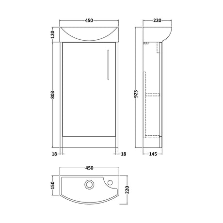[BFPF2921L] Winshill Contemporary 1 Door Left-Hand Floor Standing Cloakroom Vanity Unit with Basin, Dark Blue, 440mm - Technical Drawing