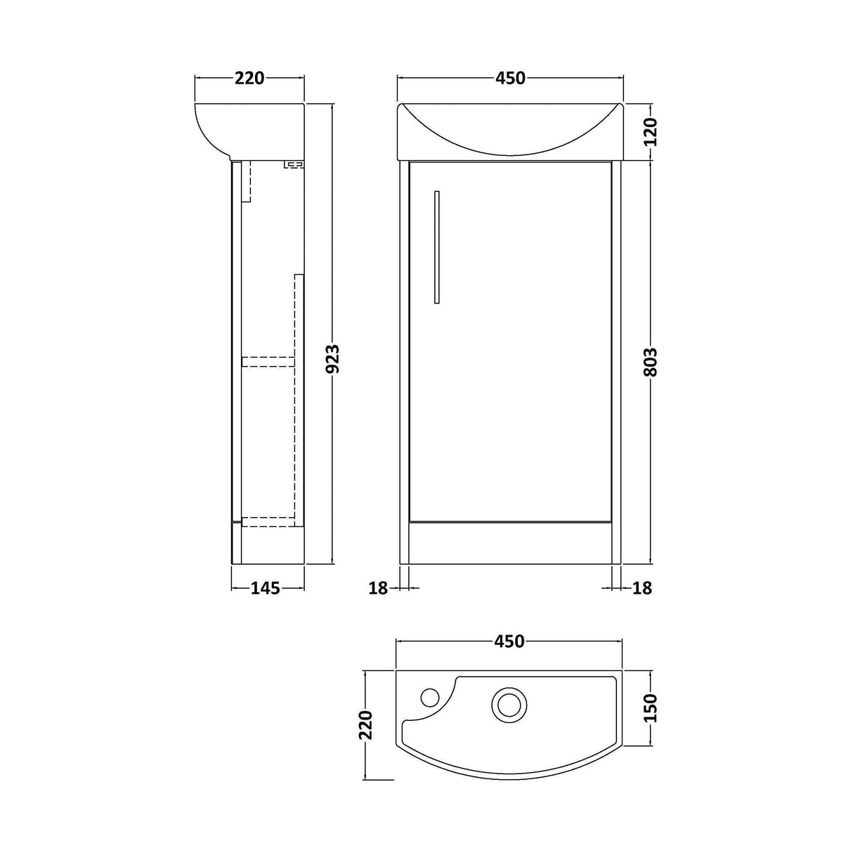 [BFPF2921R] Winshill Contemporary 1 Door Floor Standing Cloakroom Vanity Unit with Basin - Choice of Orientation and Colour - Technical Drawing