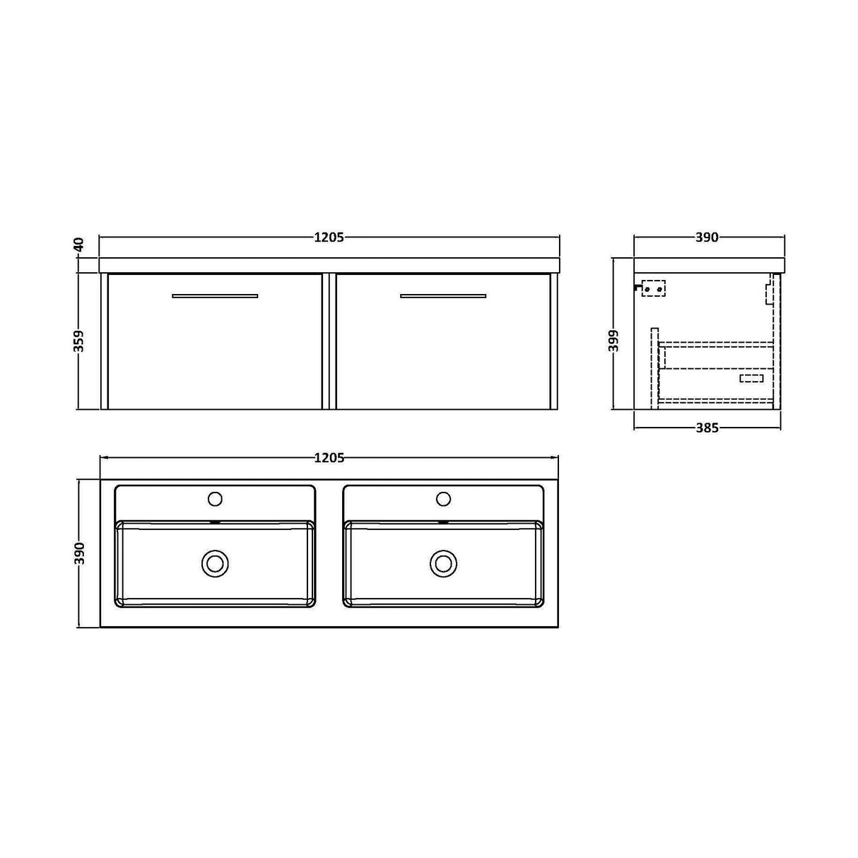 [BFPF2922C] Winshill Contemporary 2 Drawer 1200mm Wall Hung Vanity Unit with Thin Edge Basin - Choice of Colour - Technical Drawing