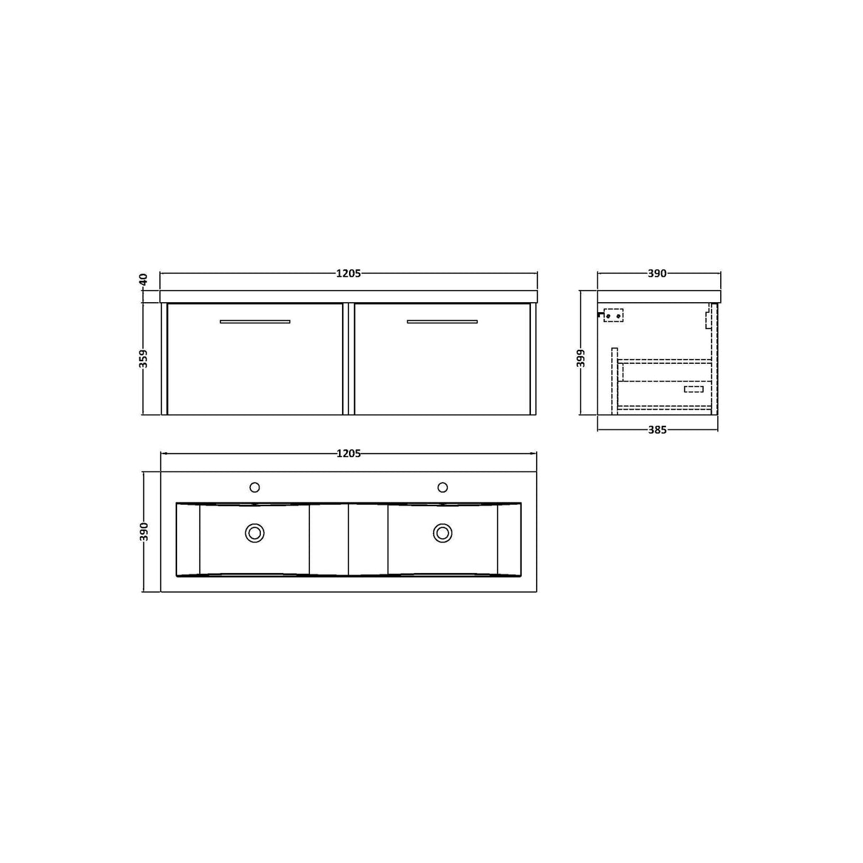 [BFPF2922F] Winshill Contemporary 2 Drawer Wall Hung Vanity Unit with Double Ceramic Basin, 1200mm, Choice of Colour - Technical Drawing