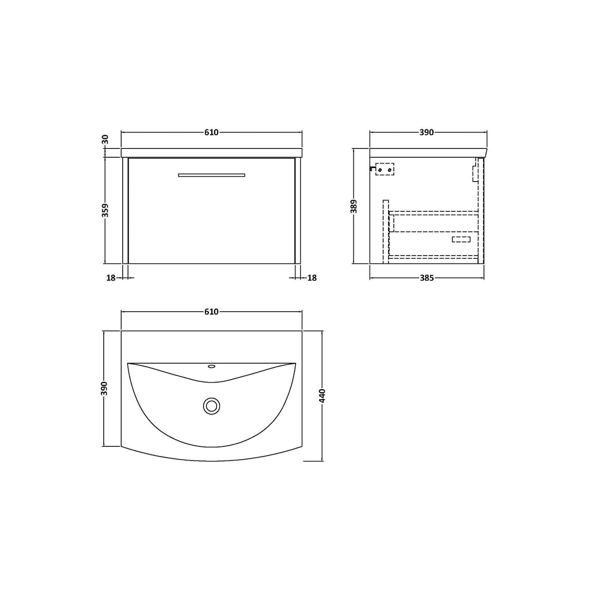 [BFPF2922G] Winshill Contemporary 1 Drawer Wall Hung Vanity Unit with Curved Basin, Choice of Size and Colour - Technical Drawing