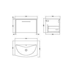[BFPF2922G] Winshill Contemporary 1 Drawer Wall Hung Vanity Unit with Curved Basin, Choice of Size and Colour - Technical Drawing