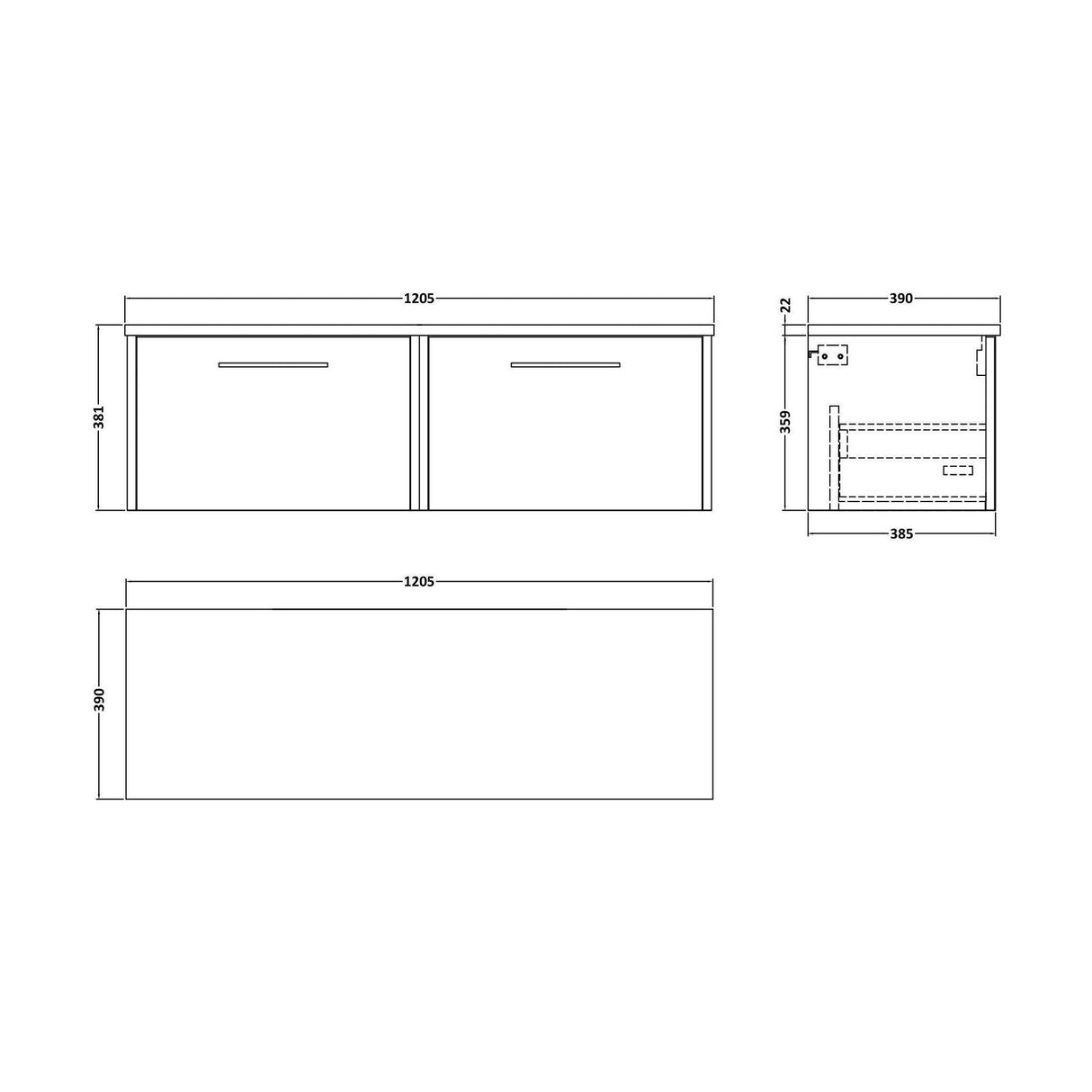 [BFPF2922LBG2] Winshill Contemporary 2 Drawer Wall Hung Vanity Unit with Bellato Grey Laminate Worktop - Choice of Colour - Technical Drawing