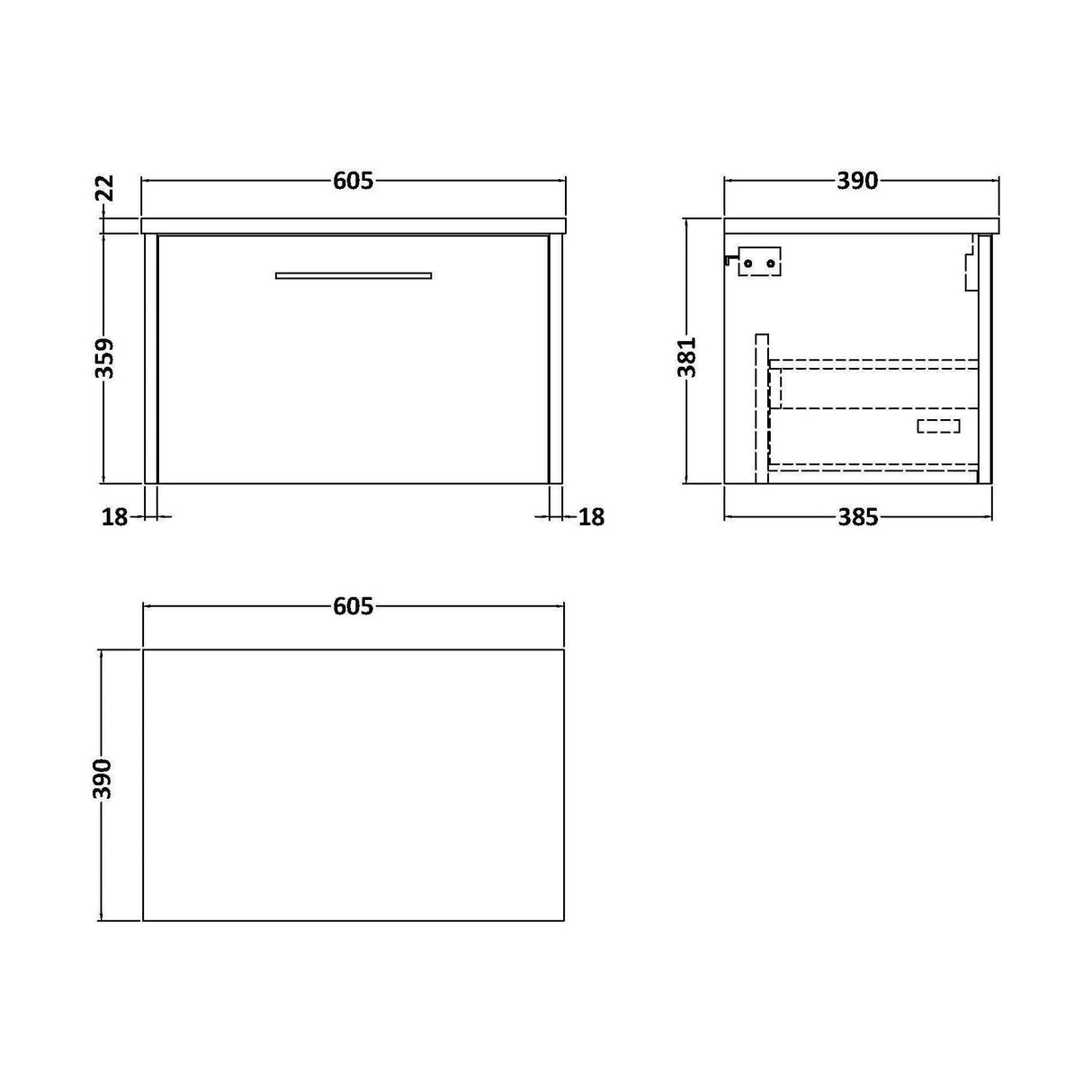 [BFPF2922LCM] Winshill Contemporary 1 Drawer Wall Hung Vanity Unit with Carrera Marble Laminate Worktop - Choice of Size and Colour - Technical Drawing