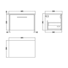 [BFPF2922LCM] Winshill Contemporary 1 Drawer Wall Hung Vanity Unit with Carrera Marble Laminate Worktop - Choice of Size and Colour - Technical Drawing