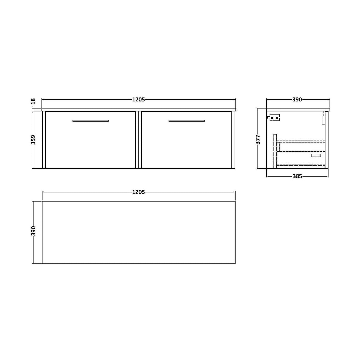 [BFPF2922W2] Winshill Contemporary 2 Drawer 1200mm Wall Hung Vanity Unit with Worktop - Choice of Colour - Technical Drawing