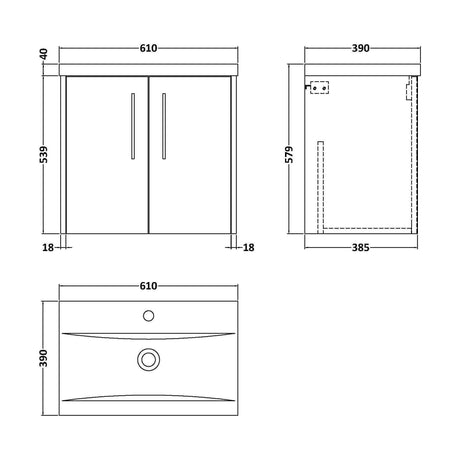 [BFPF2923A] Winshill Contemporary 2 Door Wall Hung Vanity Unit with Mid-Edge Basin, Dark Blue, 600mm - Technical Drawing