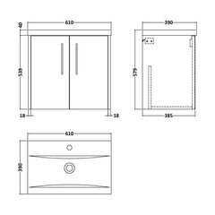 [BFPF2923A] Winshill Contemporary 2 Door Wall Hung Vanity Unit with Mid-Edge Basin - Choice of Size and Colour - Technical Drawing