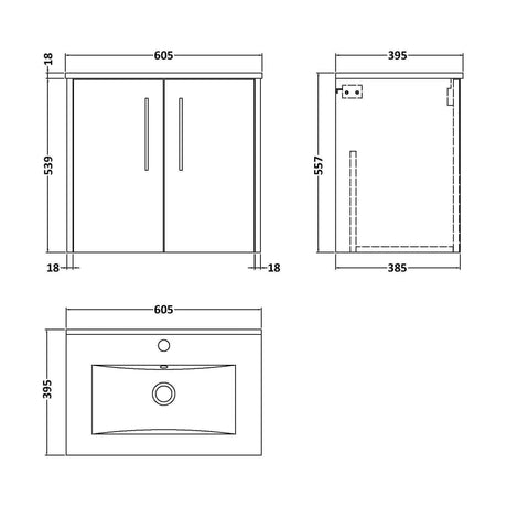 [BFPF2923B] Winshill Contemporary 2 Door Wall Hung Vanity Unit with Minimalist Basin, Dark Blue, 600mm - Technical Drawing