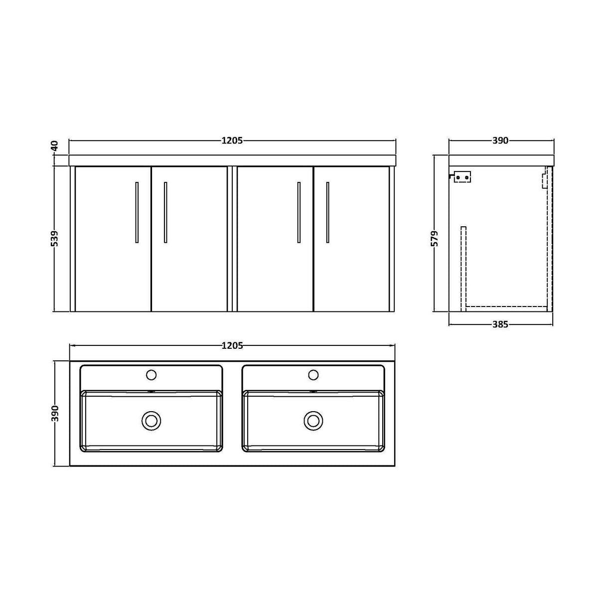 [BFPF2923C] Winshill Contemporary 4 Door 1200mm Wall Hung Vanity Unit with Thin Edge Basin - Choice of Colour - Technical Drawing