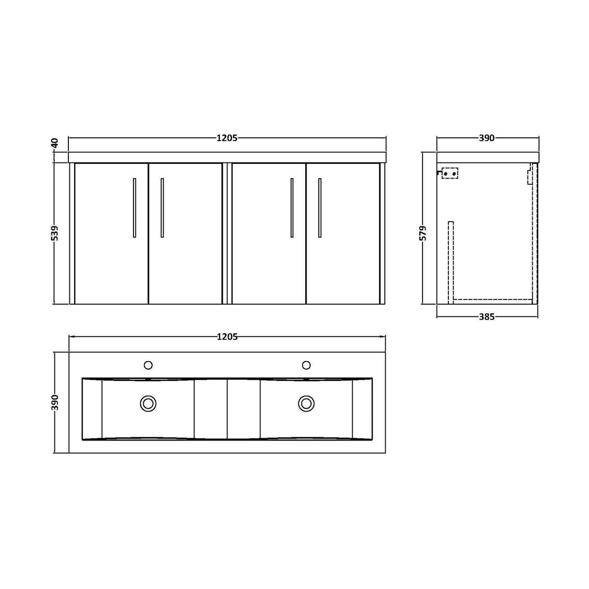 [BFPF2923F] Winshill Contemporary Wall Hung 4 Door Vanity Basin Unit with Ceramic Basin, 1200mm, Choice of Colour - Technical Drawing