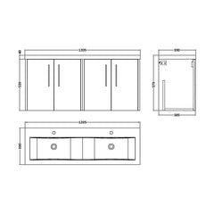 [BFPF2923F] Winshill Contemporary Wall Hung 4 Door Vanity Basin Unit with Ceramic Basin, 1200mm, Choice of Colour - Technical Drawing