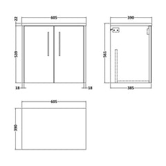 [BFPF2923LBG] Winshill Contemporary 2 Door Wall Hung Vanity Unit with Bellato Grey Laminate Worktop - Choice of Colour - Technical Drawing