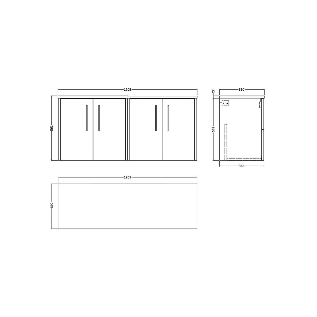 [BFPF2923LCM2] Winshill Contemporary 2 Door Wall Hung Vanity Unit with Carrera Marble Laminate Worktop - Choice of Colour - Technical Drawing