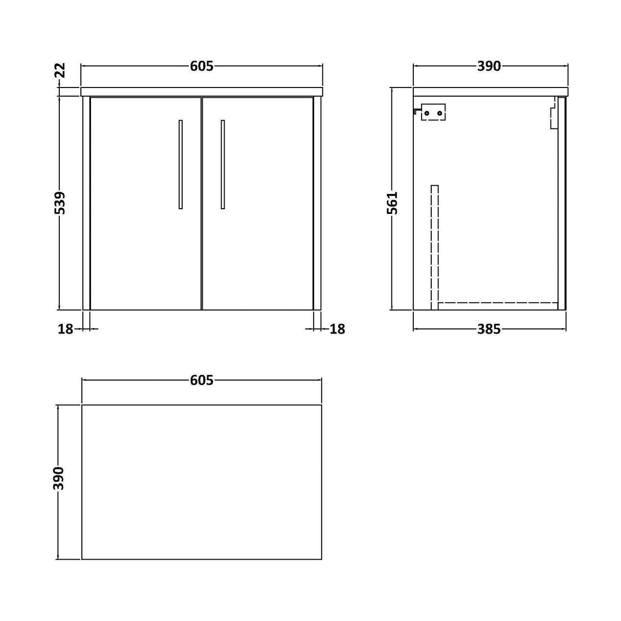 [BFPF2923LCM] Winshill Contemporary 2 Door Wall Hung Vanity Unit with Carrera Marble Laminate Worktop - Choice of Colour - Technical Drawing