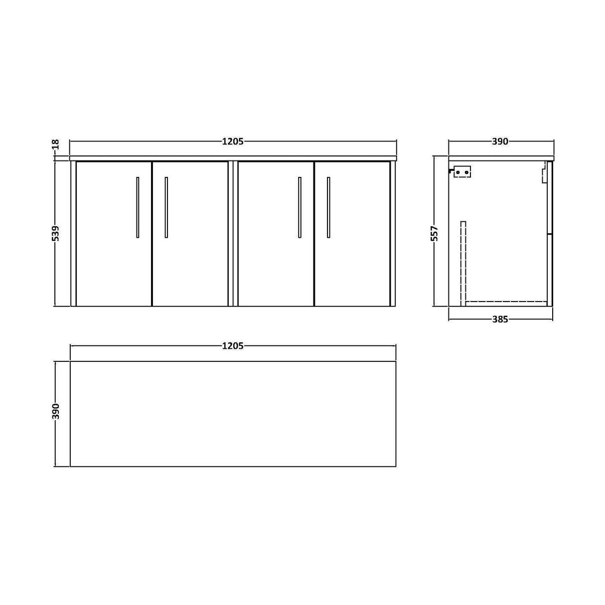 [BFPF2923W2] Winshill Contemporary 1200mm Wall Hung Vanity Unit with Worktop - Choice of Colour - Technical Drawing