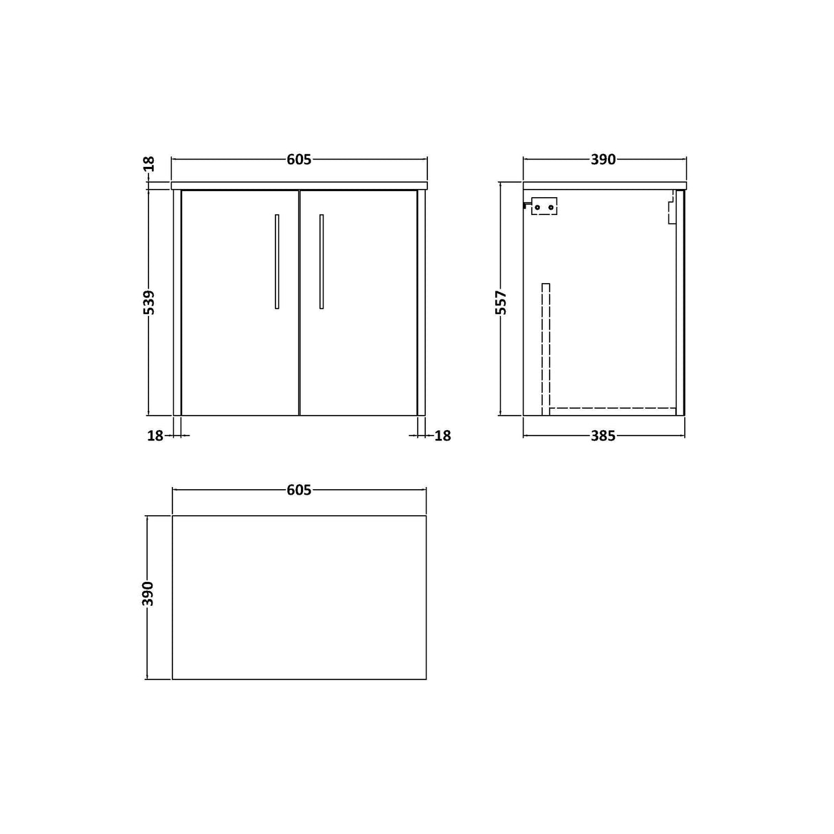 [BFPF2923W] Winshill Contemporary 2 Door Wall Hung Vanity Unit with Worktop - Choice of Colour - Technical Drawing