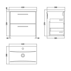 [BFPF2924A] Winshill Contemporary 2 Drawer Wall Hung Vanity Unit with Mid-Edge Basin - Choice of Size and Colour - Technical Drawing