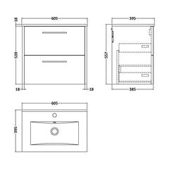 [BFPF2924B] Winshill Contemporary 2 Drawer Wall Hung Vanity Unit with Minimalist Basin, Choice of Size and Colour - Technical Drawing
