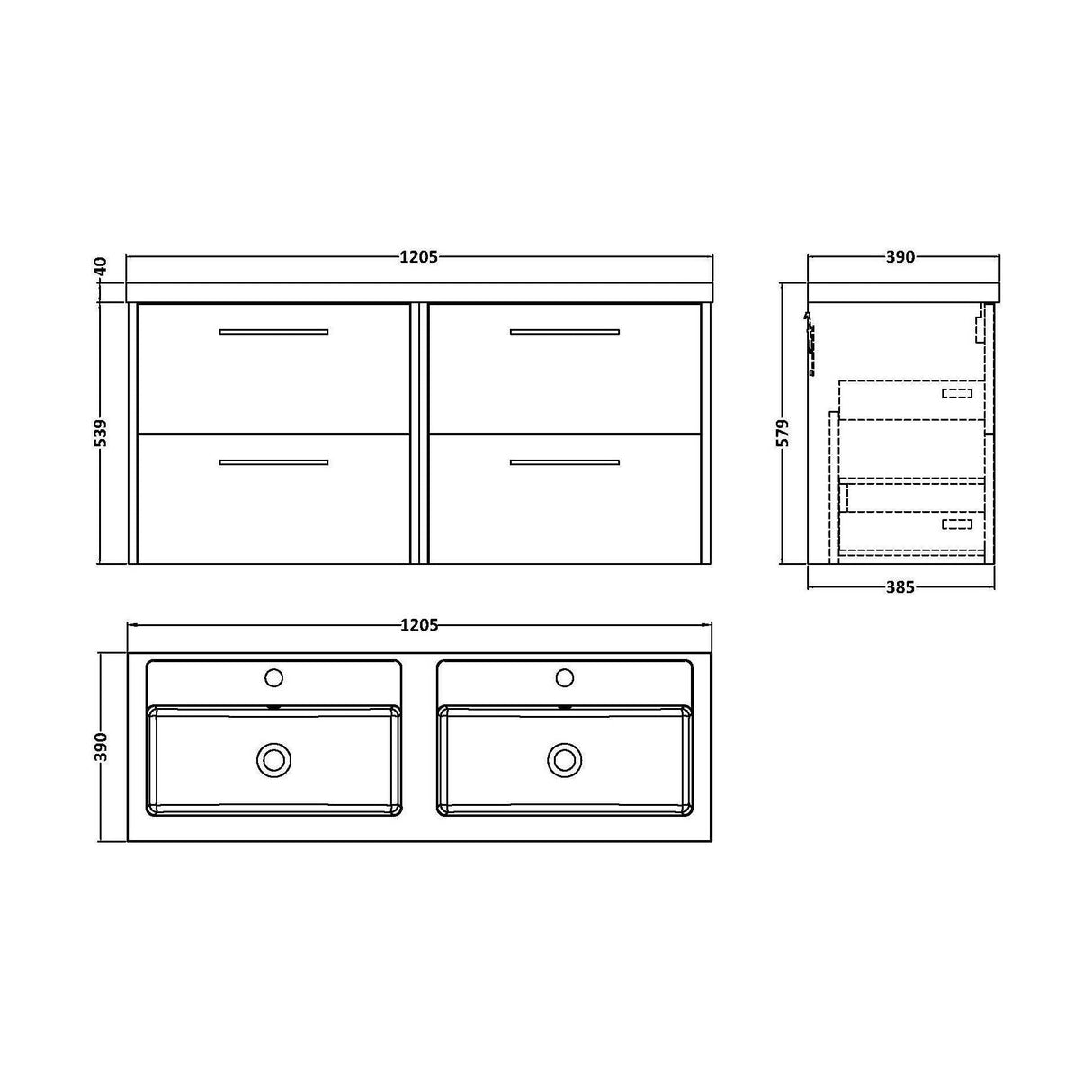 [BFPF2924C] Winshill Contemporary 4 Drawer 1200mm Wall Hung Vanity Unit with Double Basin - Choice of Colour - Technical Drawing