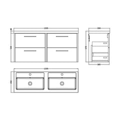 [BFPF2924C] Winshill Contemporary 4 Drawer 1200mm Wall Hung Vanity Unit with Double Basin - Choice of Colour - Technical Drawing