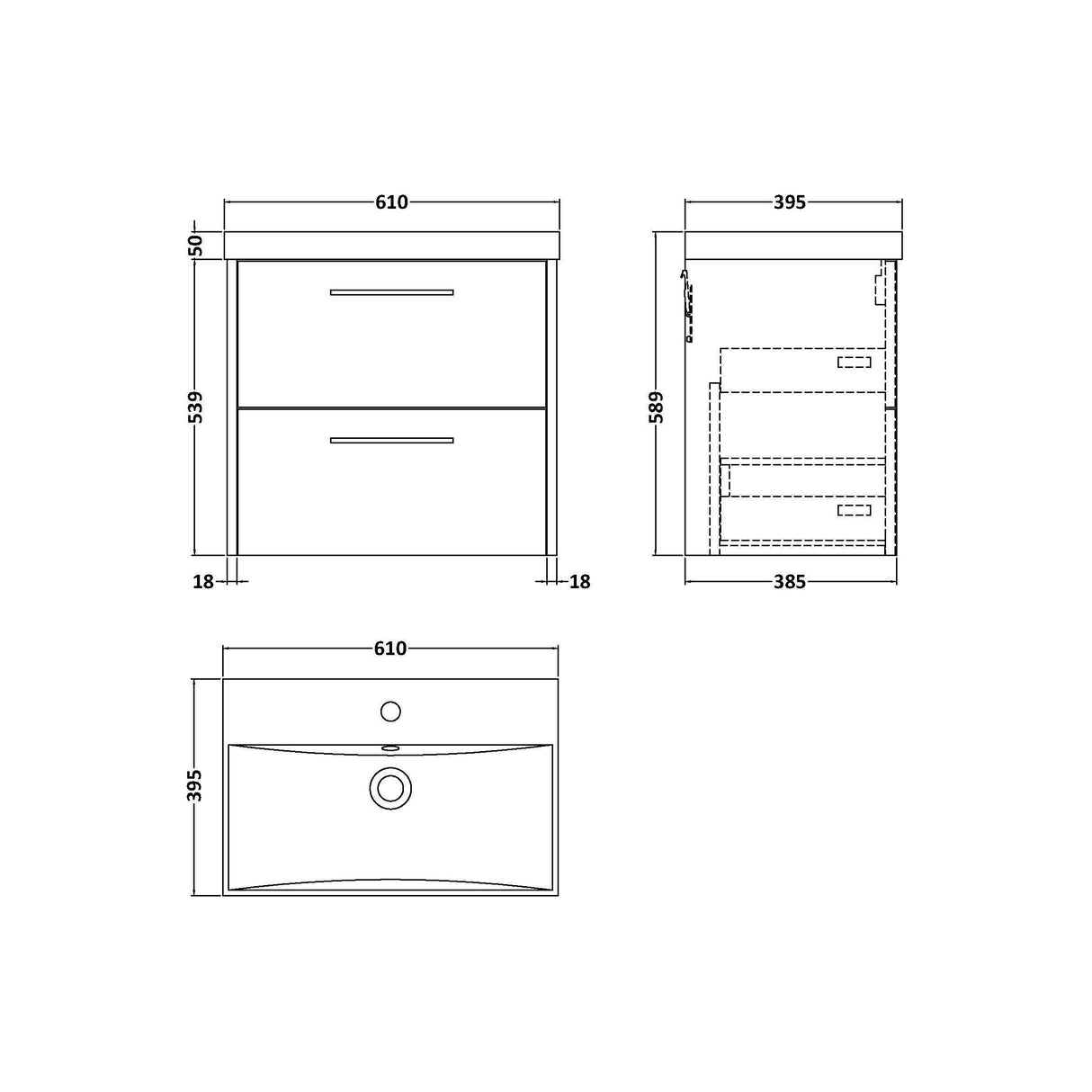 [BFPF2924D] Winshill Contemporary 2 Drawer Wall Hung Vanity Unit with Thin Edge Basin - Choice of Size and Colour - Technical Drawing