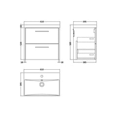 [BFPF2924D] Winshill Contemporary 2 Drawer Wall Hung Vanity Unit with Thin Edge Basin - Choice of Size and Colour - Technical Drawing