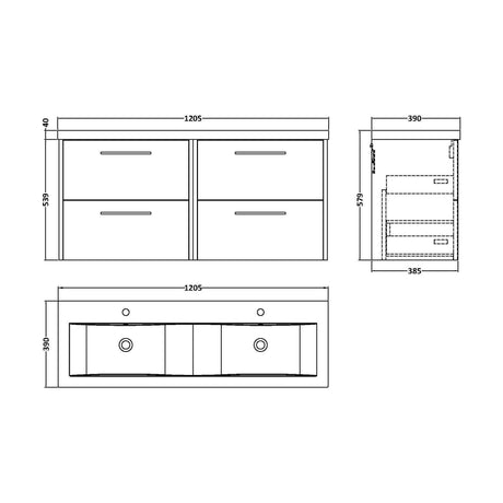 [BFPF2924F] Winshill Contemporary 4 Drawer Wall Hung Vanity Unit with Double Basin, Dark Blue, 1200mm - Technical Drawing