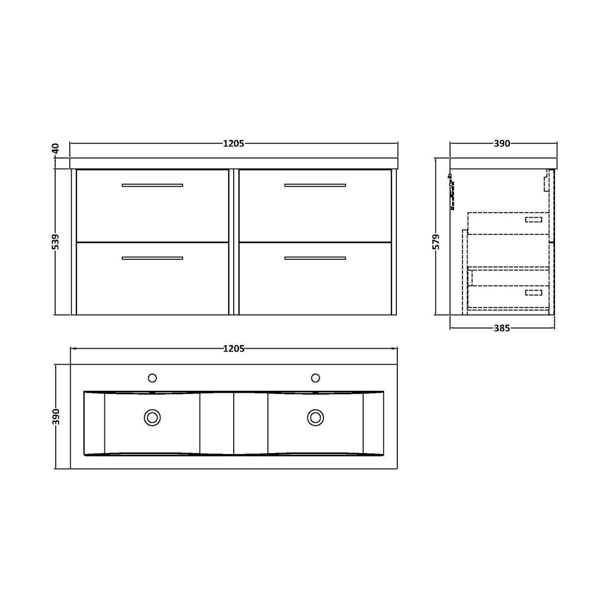 [BFPF2924F] Winshill Contemporary 4 Drawer Wall Hung Vanity Unit with Double Basin, 1200mm, Choice of Colour - Technical Drawing