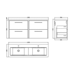 [BFPF2924F] Winshill Contemporary 4 Drawer Wall Hung Vanity Unit with Double Basin, 1200mm, Choice of Colour - Technical Drawing