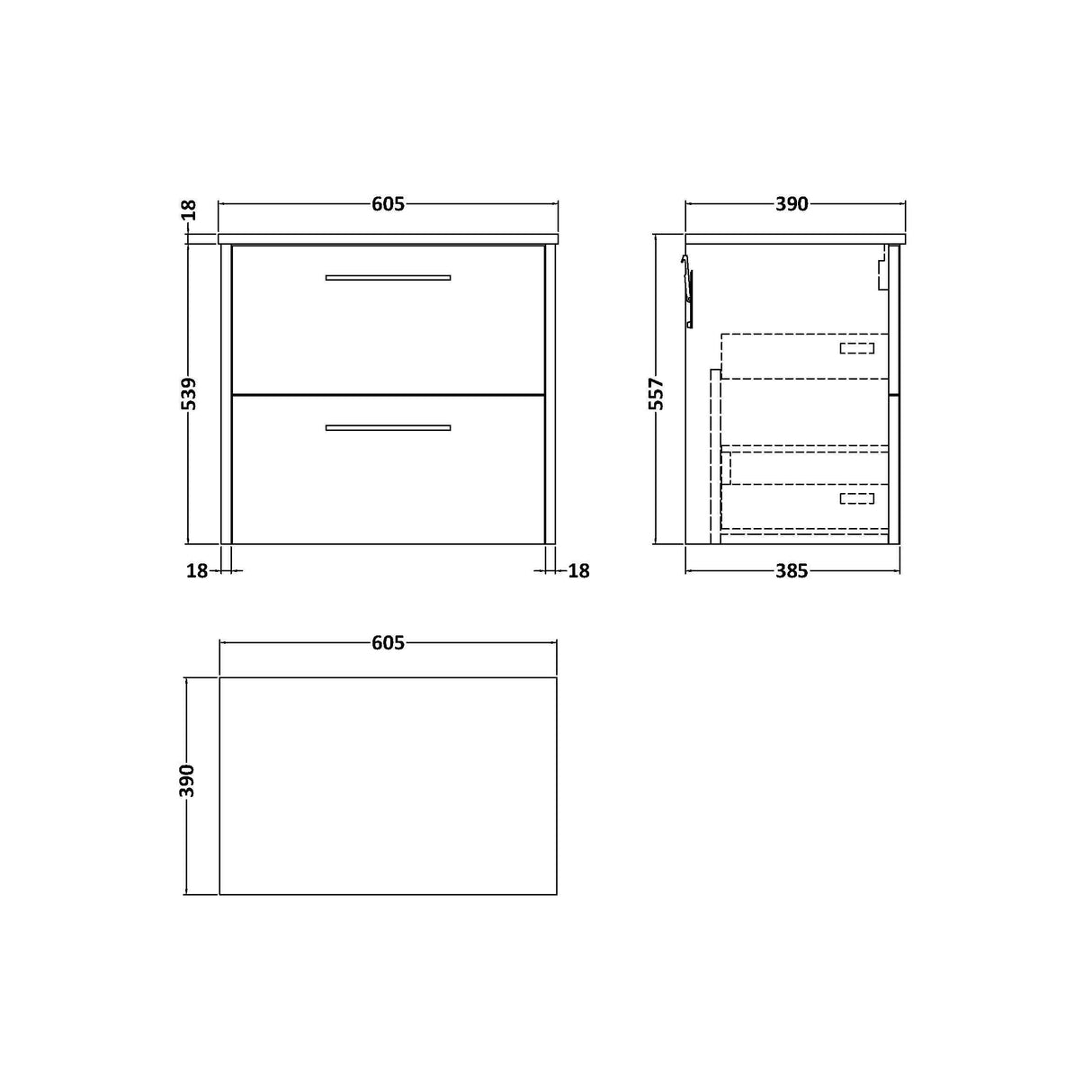 [BFPF2924W] Winshill Contemporary 2 Drawer Wall Hung Vanity Unit with Worktop - Choice of Size and Colour - Technical Drawing