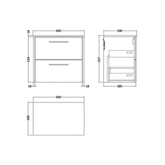 [BFPF2924W] Winshill Contemporary 2 Drawer Wall Hung Vanity Unit with Worktop - Choice of Size and Colour - Technical Drawing