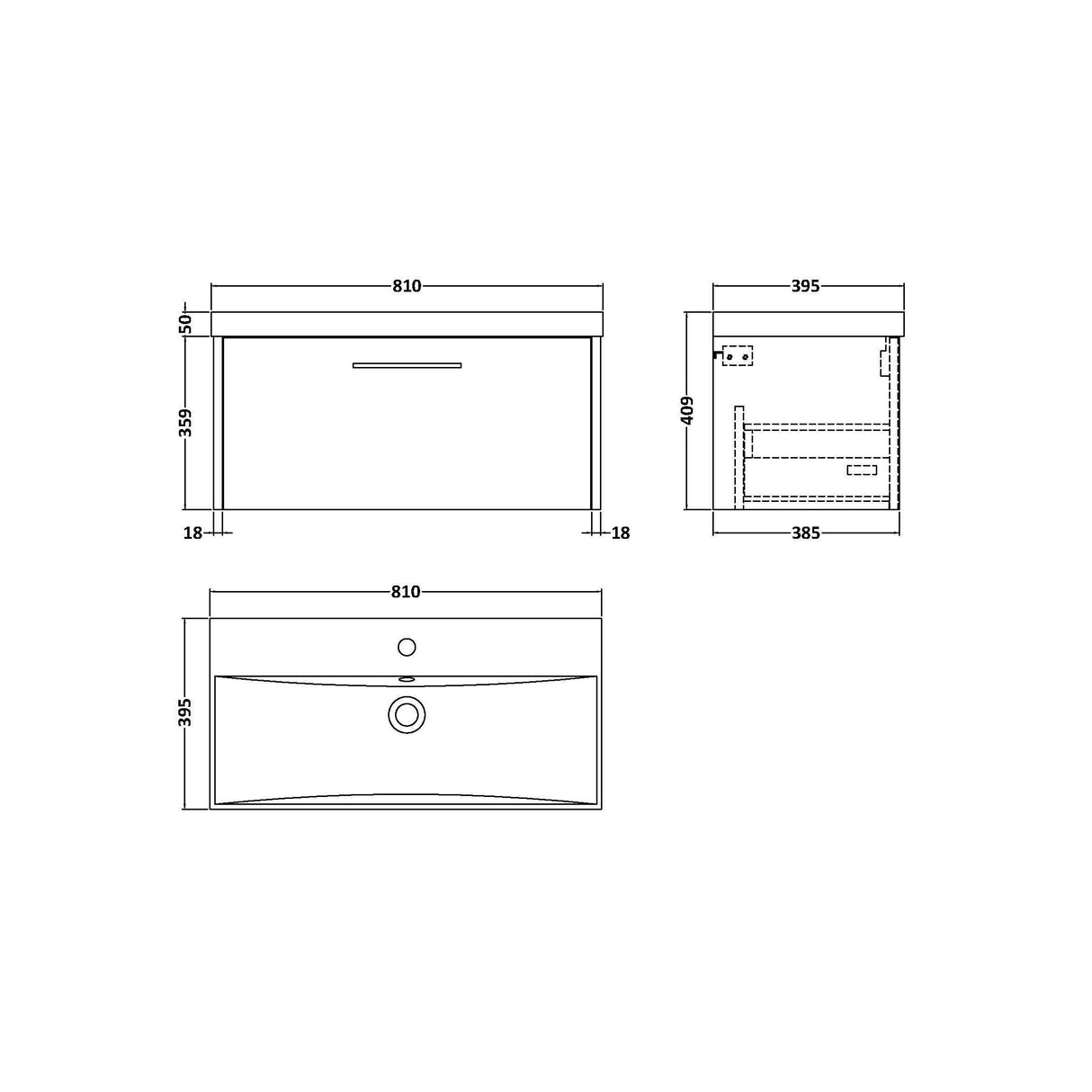 [BFPF2925D] Winshill Contemporary 1 Drawer Wall Hung Vanity Unit with Thin Edge Basin - Choice of Size and Colour - Technical Drawing