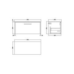 [BFPF2925LCM] Winshill Contemporary 1 Drawer Wall Hung Vanity Unit with Carrera Marble Laminate Worktop - Choice of Size and Colour - Technical Drawing