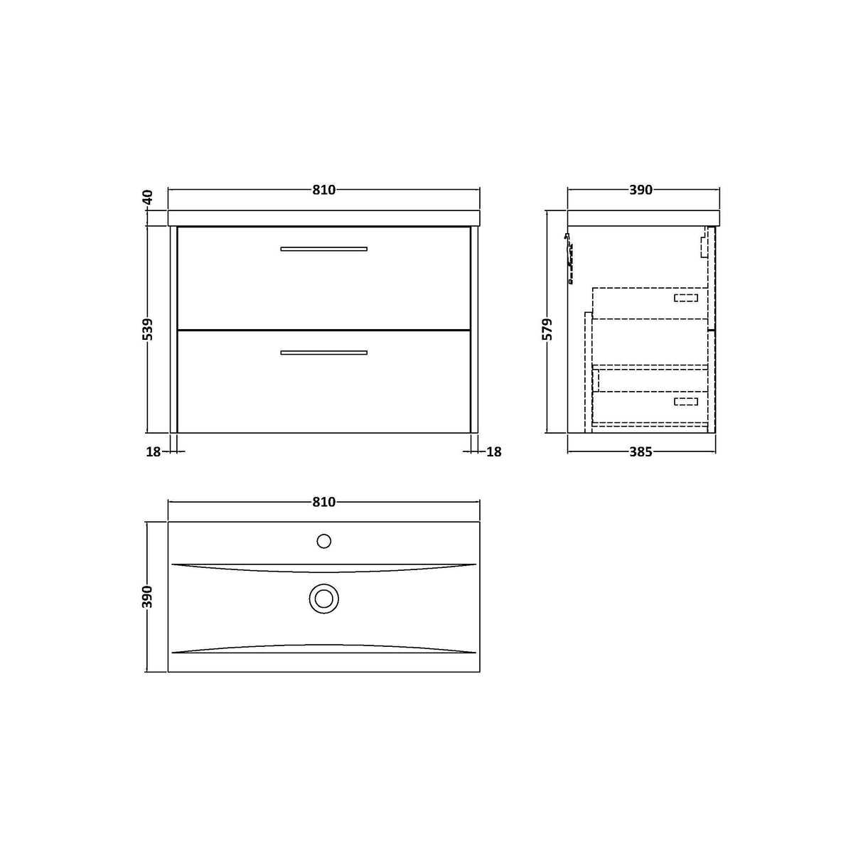 [BFPF2926A] Winshill Contemporary 2 Drawer Wall Hung Vanity Unit with Mid-Edge Basin - Choice of Size and Colour - Technical Drawing