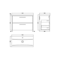 [BFPF2926A] Winshill Contemporary 2 Drawer Wall Hung Vanity Unit with Mid-Edge Basin - Choice of Size and Colour - Technical Drawing