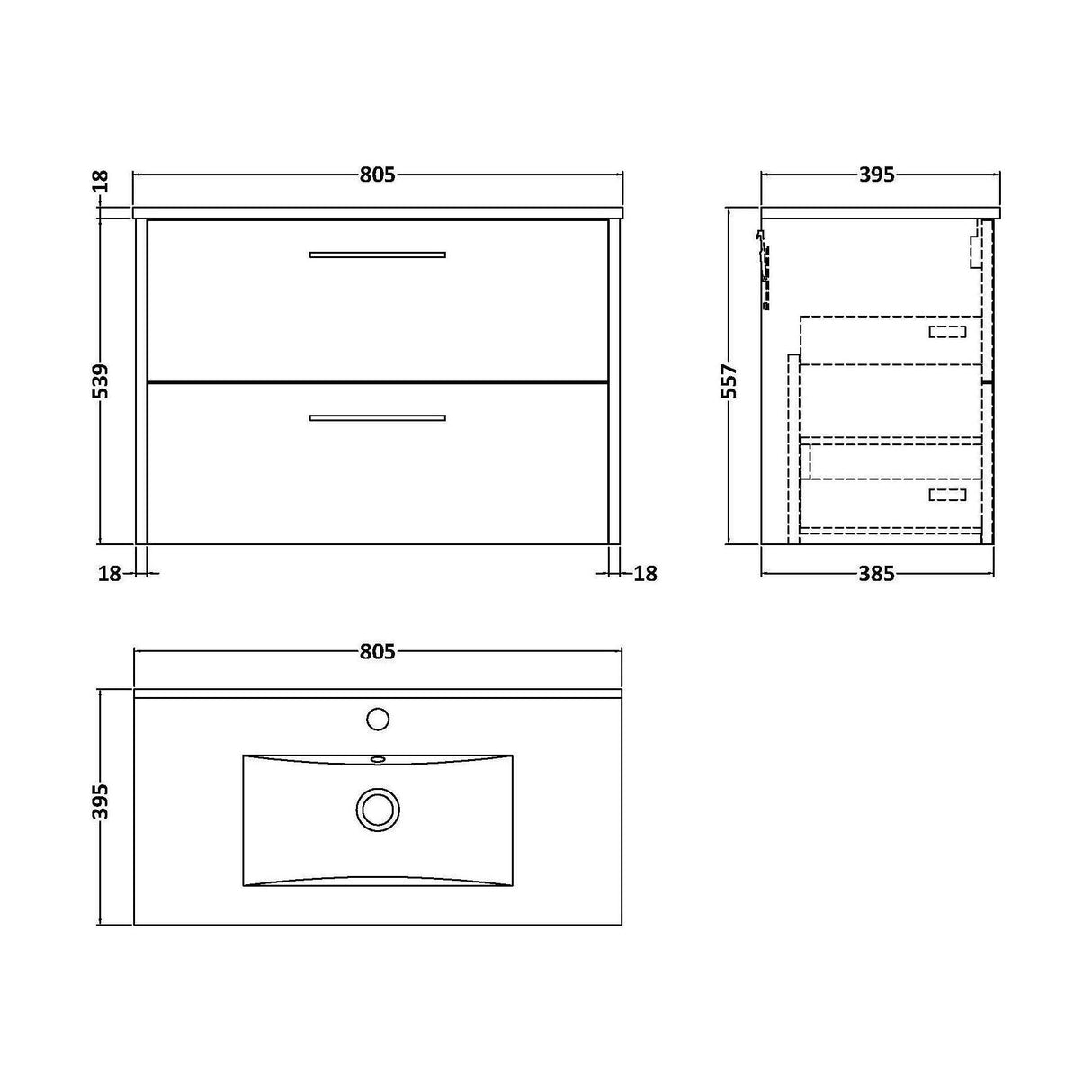 [BFPF2926B] Winshill Contemporary 2 Drawer Wall Hung Vanity Unit with Minimalist Basin, Choice of Size and Colour - Technical Drawing