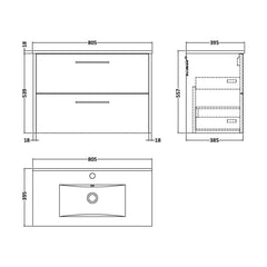 [BFPF2926B] Winshill Contemporary 2 Drawer Wall Hung Vanity Unit with Minimalist Basin, Choice of Size and Colour - Technical Drawing