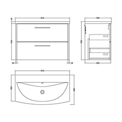[BFPF2926G] Winshill Contemporary 2 Drawer Wall Hung Vanity Unit with Curved Basin, Choice of Colour - Technical Drawing