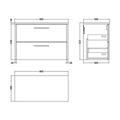 [BFPF2926W] Winshill Contemporary 2 Drawer Wall Hung Vanity Unit with Worktop - Choice of Size and Colour - Technical Drawing