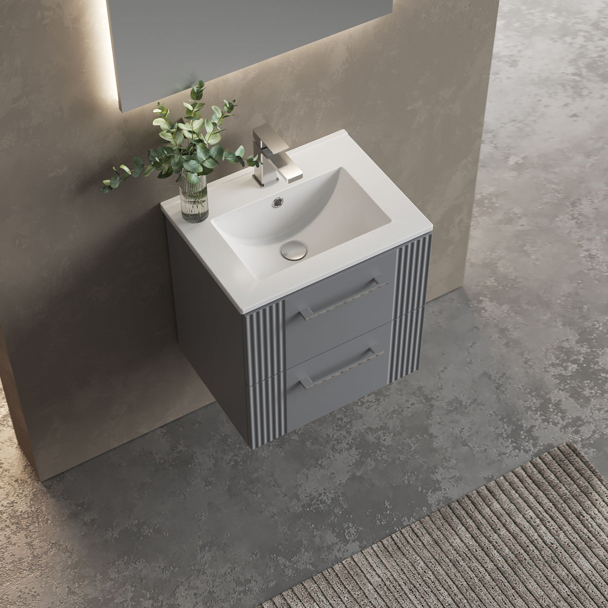 [BFPF292B] Belvide Retro Partial Fluted 2 Drawer Wall Hung Vanity Basin Unit with Minimalist Basin, Choice of Size and Colour - Lifestyle 2