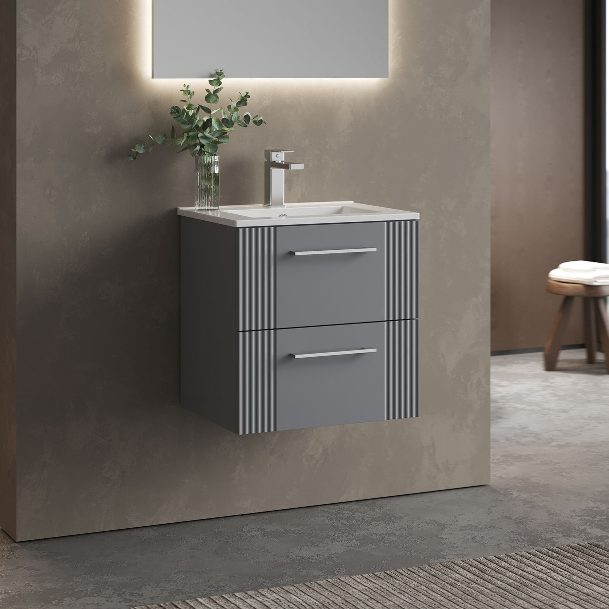 [BFPF292B] Belvide Retro Partial Fluted 2 Drawer Wall Hung Vanity Basin Unit with Minimalist Basin, Choice of Size and Colour - Lifestyle 3