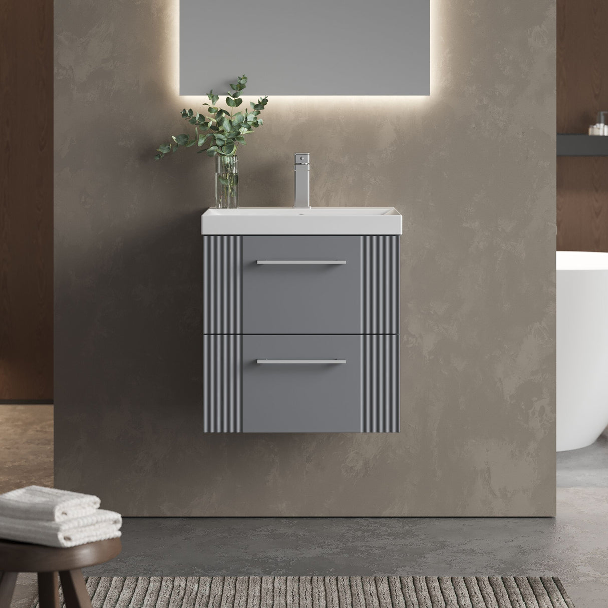 [BFPF292D] Belvide Retro Partial Fluted 2 Drawer Wall Hung Vanity Basin Unit with Thin-Edge Basin, Choice of Size and Colour - Lifestyle 1