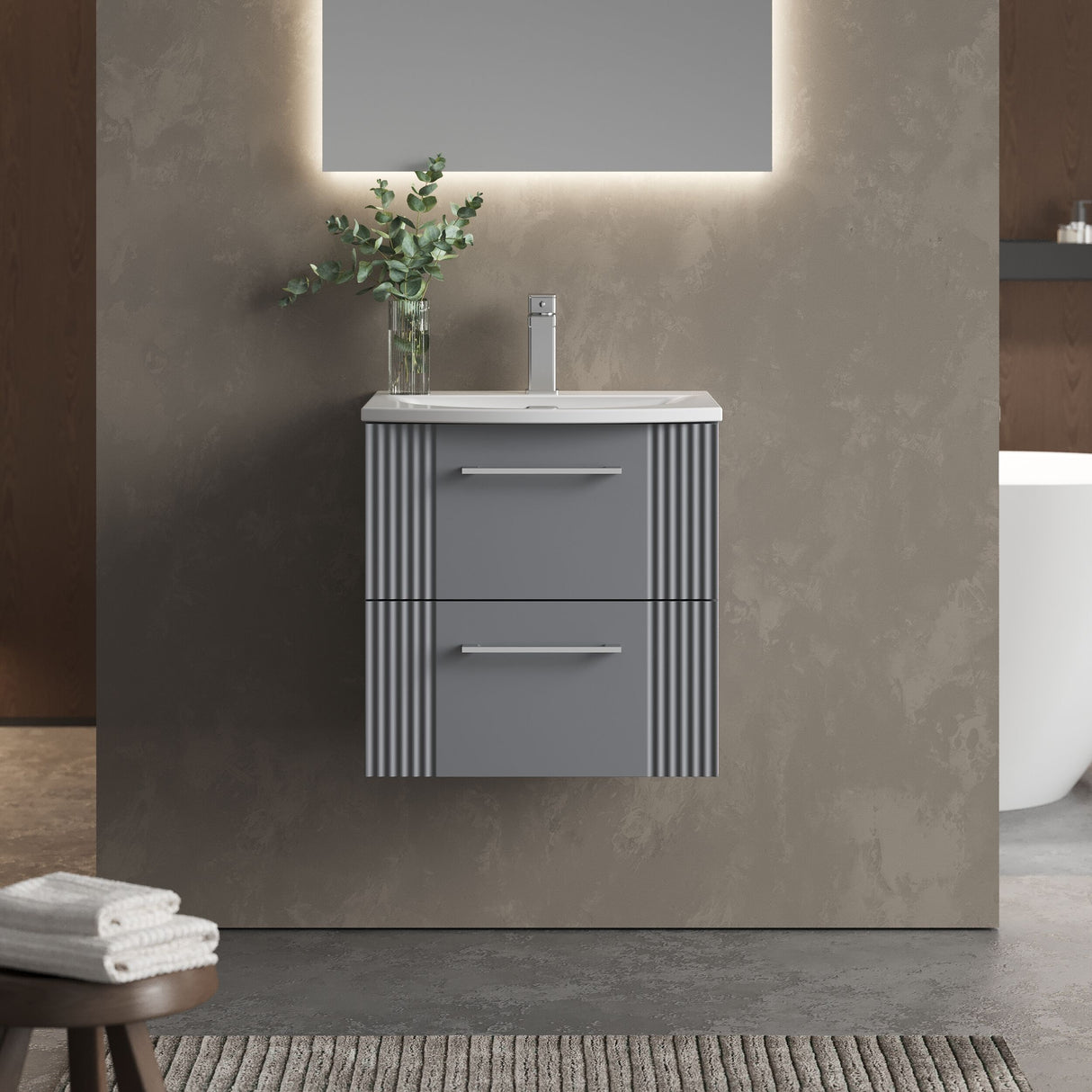 [BFPF292G] Belvide Retro Partial Fluted 2 Drawer Wall Hung Vanity Basin Unit with Curved Basin, Choice of Size and Colour - Lifestyle 1