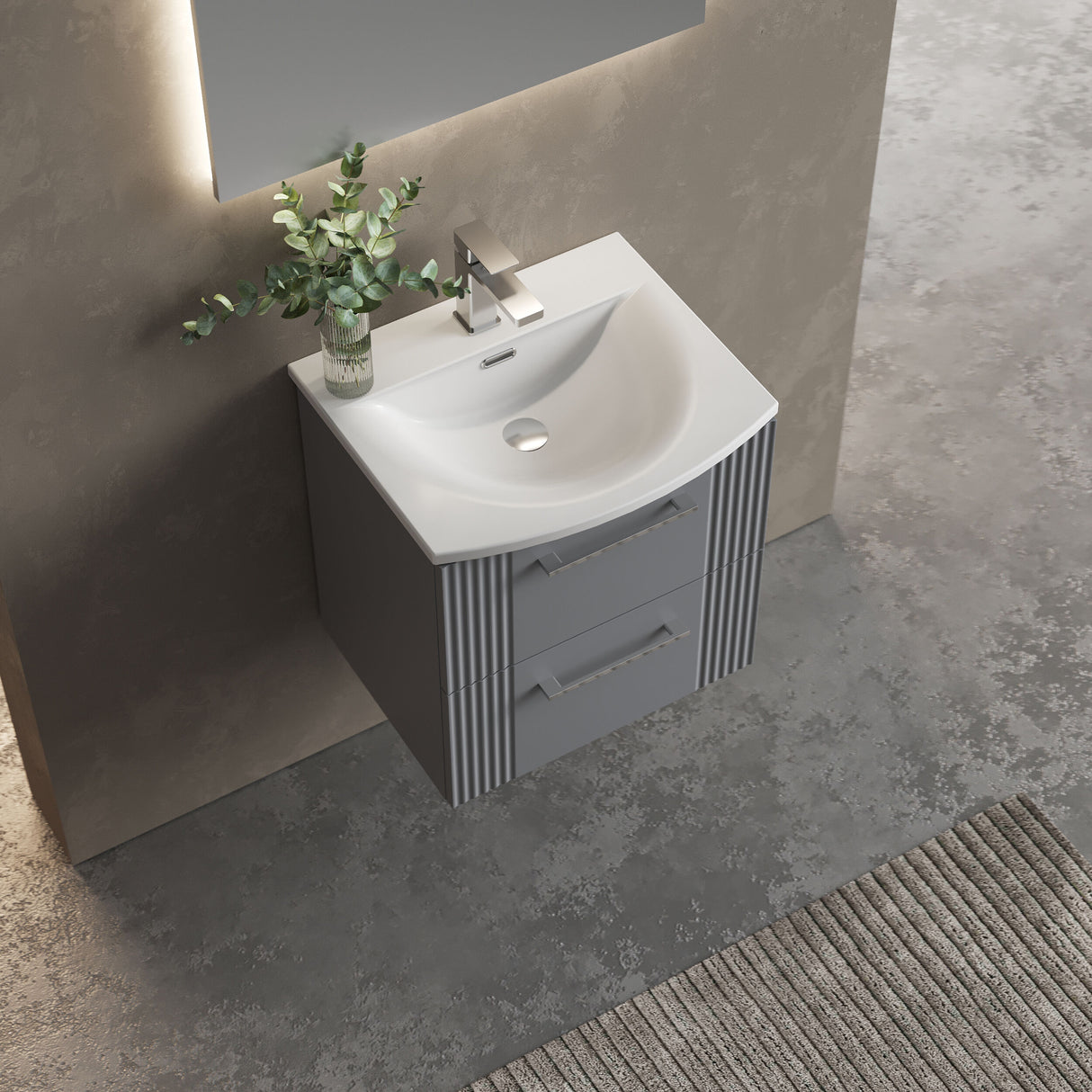 [BFPF292G] Belvide Retro Partial Fluted 2 Drawer Wall Hung Vanity Basin Unit with Curved Basin, Choice of Size and Colour - Lifestyle 2