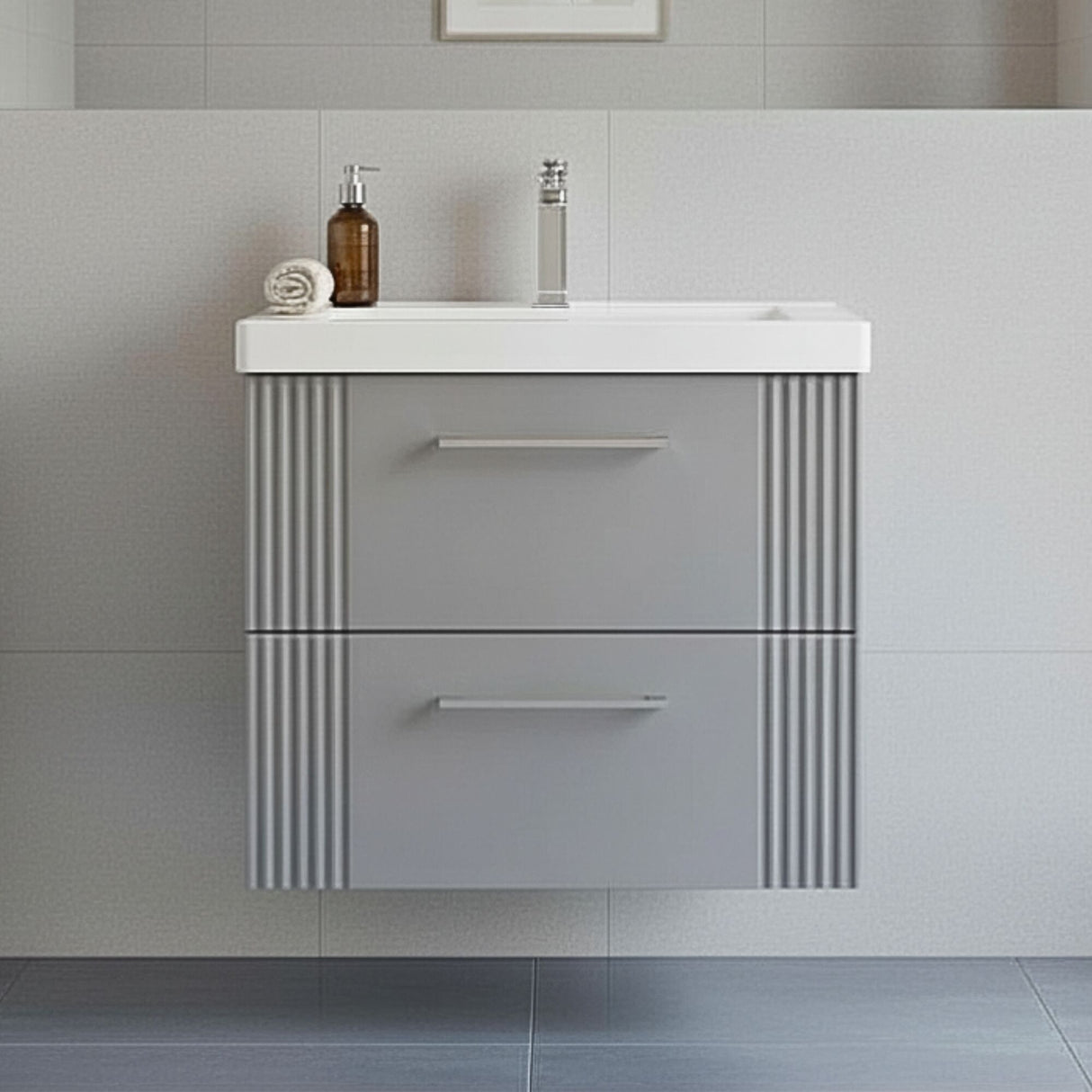 [BFPF293A] Belvide Partial Fluted 2 Drawer Wall Hung Vanity Unit with Mid-Edge 1 Tap Hole Ceramic Basin - Silo
