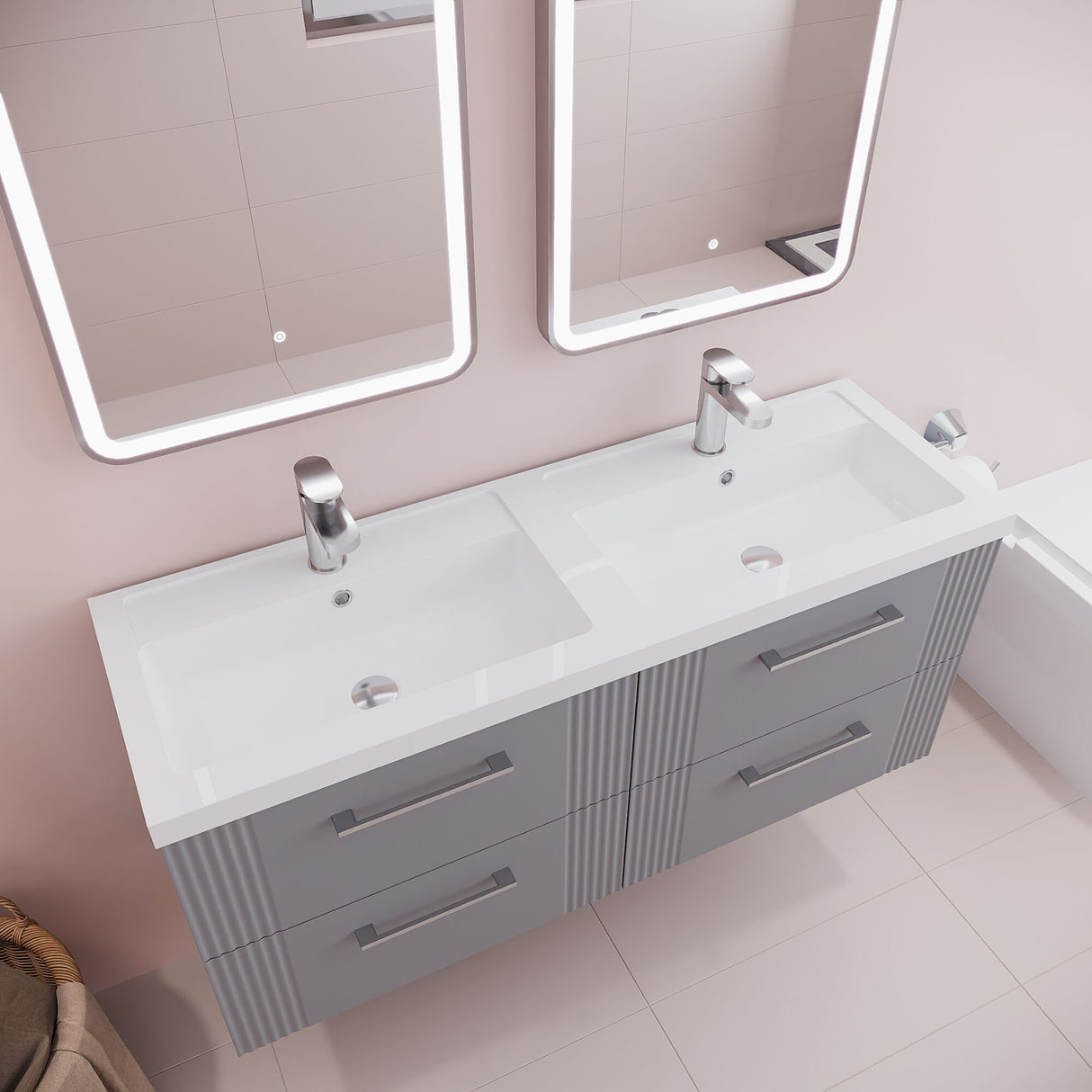 [BFPF293C] Belvide Retro Partial Fluted 4 Drawer Wall Hung Vanity Basin Unit with Double Polymarble Basin, Choice of Colour - Lifestyle 2