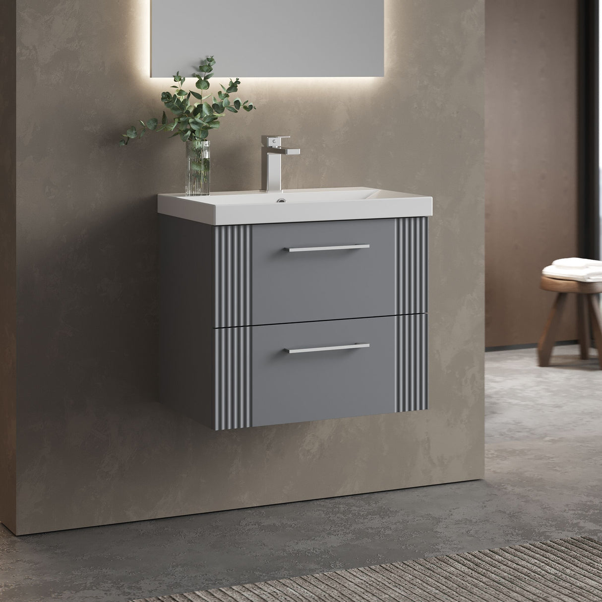 [BFPF293D] Belvide Retro Partial Fluted 2 Drawer Wall Hung Vanity Basin Unit with Thin-Edge Basin, Choice of Size and Colour - Lifestyle 3