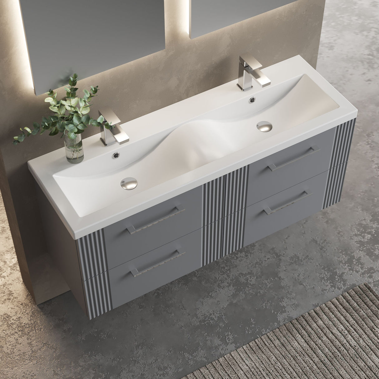[BFPF293F] Belvide Retro Partial Fluted 4 Drawer Wall Hung Vanity Basin Unit with Double Ceramic Basin, Choice of Colour - Lifestyle 2